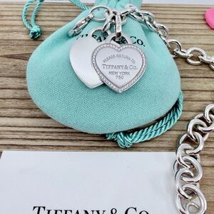 Tiffany & Co 18k WHITE GOLD Heart with Diamonds with SILVER link Bracelet, 7.5
